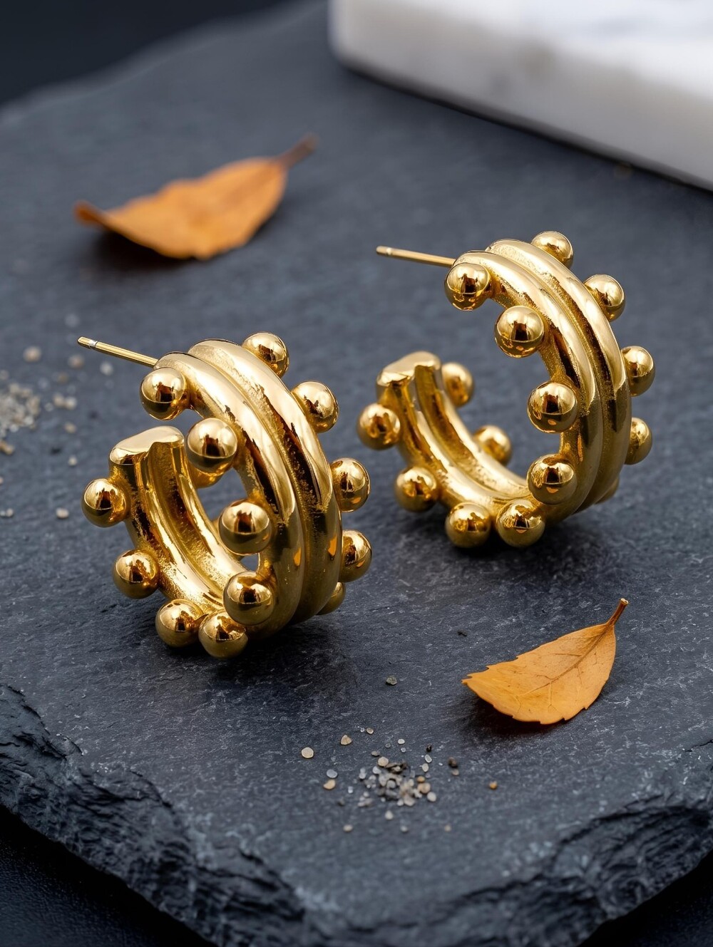 Chunky Gold Hoop Huggie Earrings Beaded Ball Detail Roman Etruscan Style 0.8"